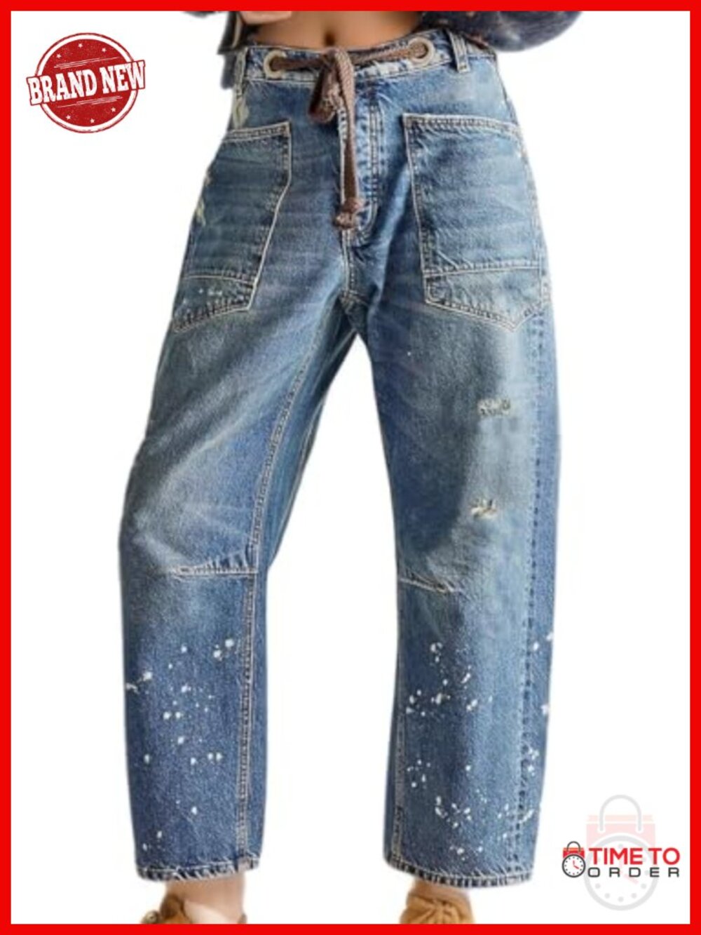 Pull-On Barrel Jeans Mid-Low Rise Boyfriend Drawstring Ankle Baggy Stretchy